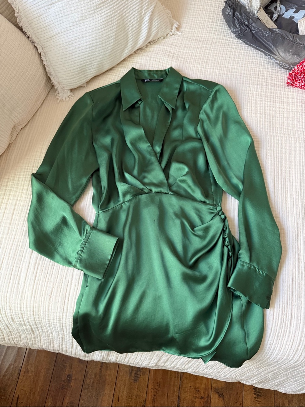 Green Satin Wrap Dress - Women's Elegant Long Sleeve